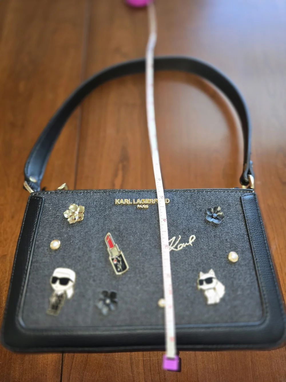 Karl Lagerfeld Denim Embellished Shoulder Bag with Gold Accents, New with Tags!